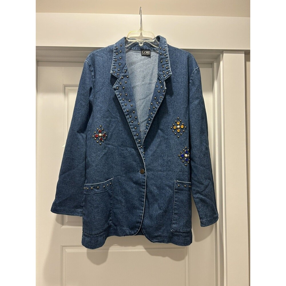 Womens Vintage Blue Jean Blazer Jacket Coat Size 18 Oversized Bedazzled 80’s